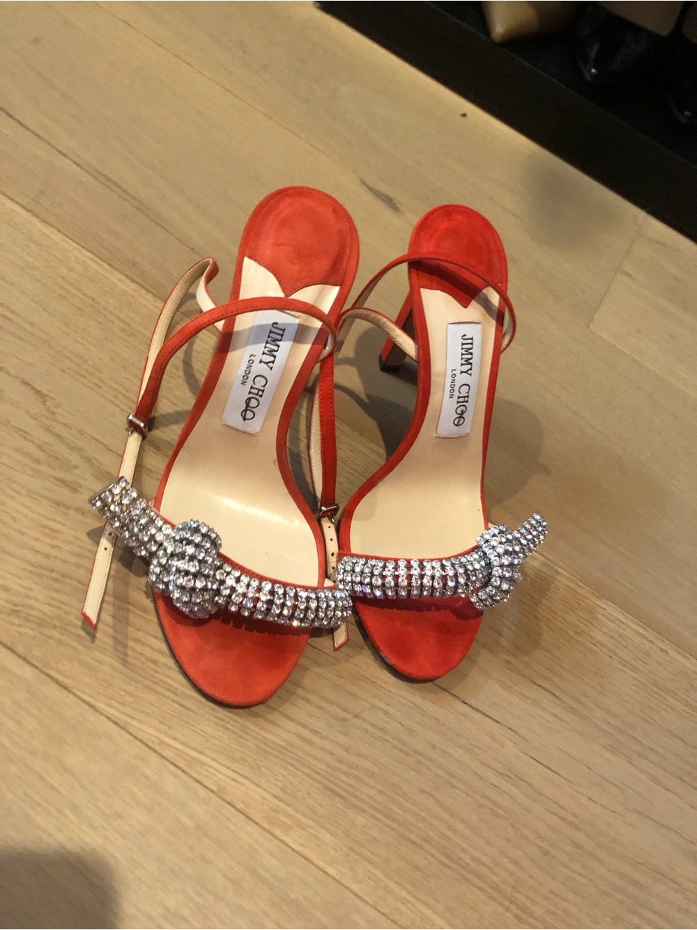 Jimmy Choo Orange-Red Satin Crystal-Embellished Slingback Heels